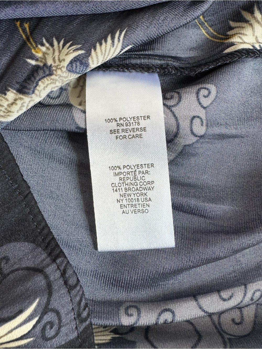 T Tahari Navy Crane Print Button Blouse with Ruffle Sleeves | Size XS - Picture 8 of 8